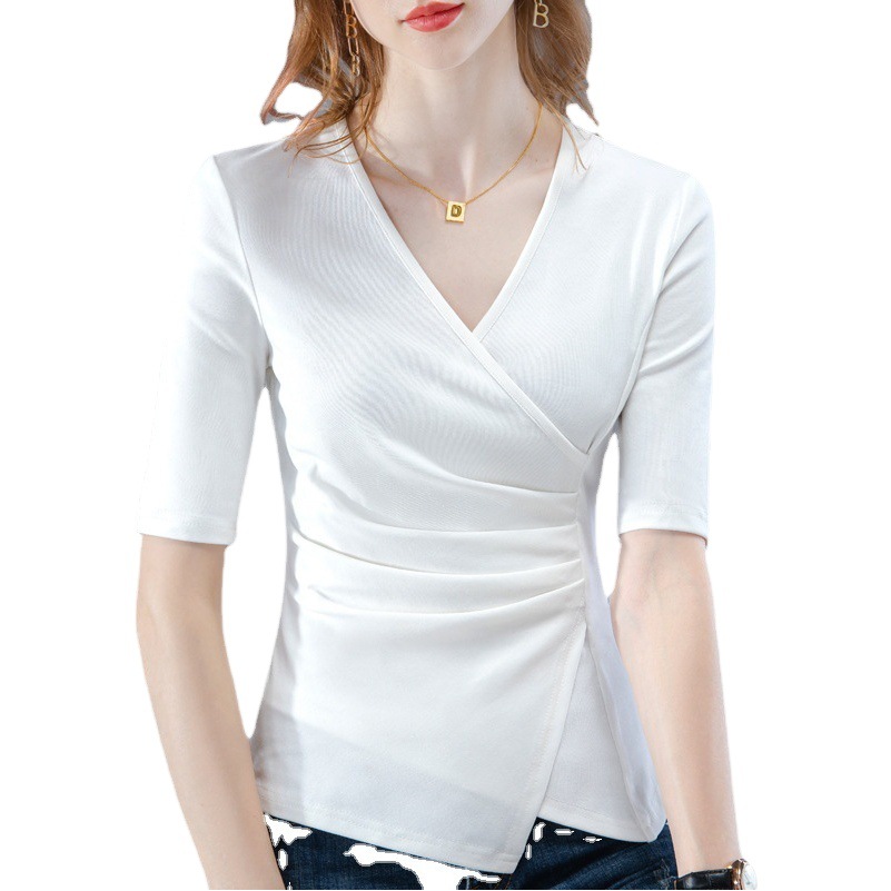 Camiseta de manga media para mujer 2023 nueva camiseta de algodón de media manga con cuello en v elegante para mujer, parte superior de cintura plisada irregular