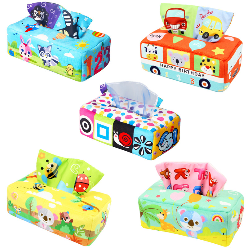 Juguete de peluche simulado de caja de pañuelos para bebés, juguete de ejercicio para los dedos de bebés.