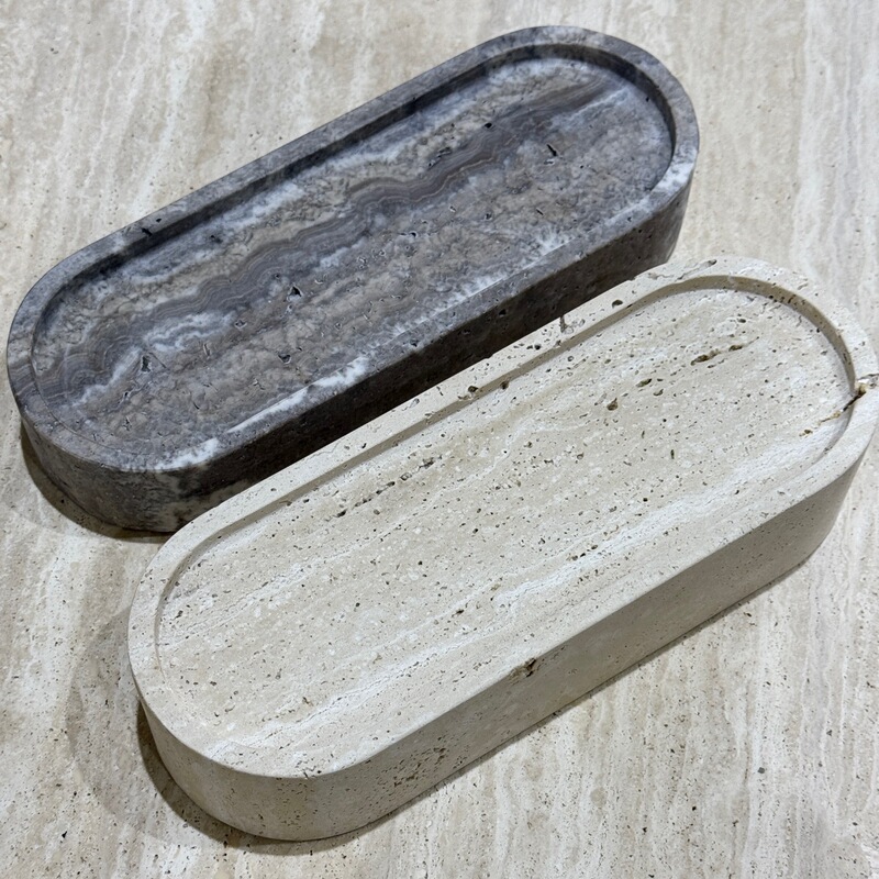 Vintage oval yellow stone marble silver gray black stone flat bathroom tray