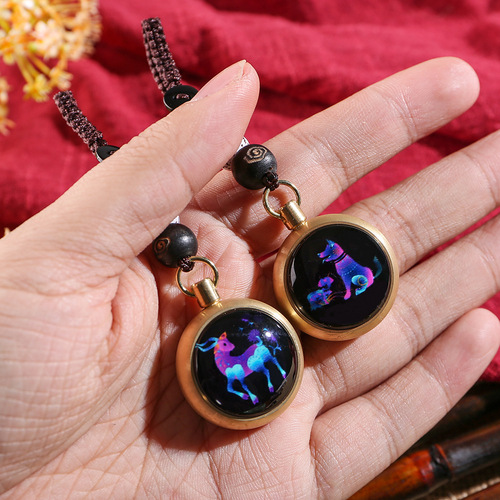 Retro brass zodiac handle piece with glazed luminous twelve zodiac signs handmade braided rope car keychain