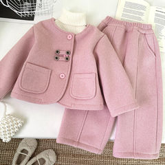 新しい韓国スタイルの女の子ベルベットツーピース冬子供服ファッショナブルな厚みのある子供用長袖ジャケットとパンツスーツ