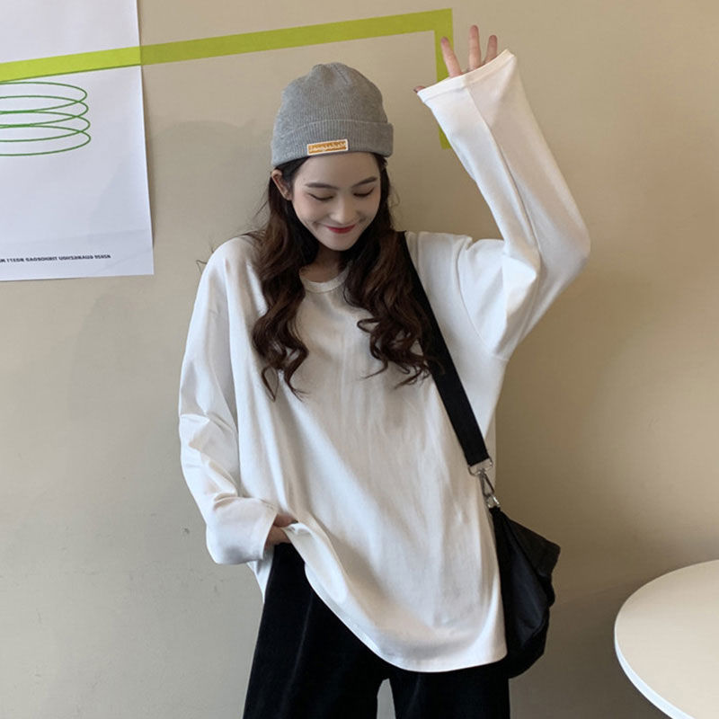 Camiseta básica blanca para mujer, estilo BM de manga larga, nueva colección de principios de otoño 2025, versión coreana, camiseta holgada negra con cuello redondo. image 3