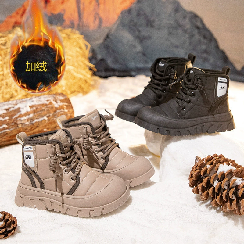 Мальчик наружная нескользящая большая хлопчатобумажная обувь 2024 зимний новый детский бархат теплые ботинки Мартин мальчик мотоцикл хлопковые ботинки