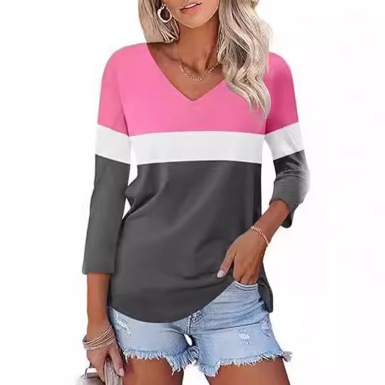 2024外贸欧美女士V领长袖打底衫9分半袖T恤3D印花上衣圆PPOD定 制