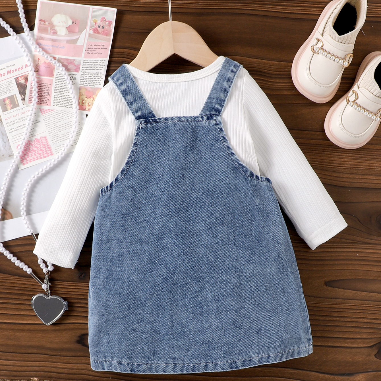 Spring Autumn Ribbed Long Sleeve Cute Bow Denim Set Toddler Girls Overall Dress Two Pieces_voghion.com