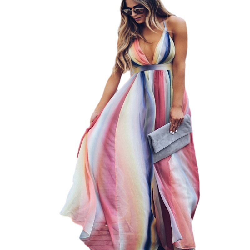 2025 Transfronterizo Amazon Gasa Impresión digital Arcoíris Gradiente Fantasía Vestido de gran swing Vestido de cintura Verano image 6