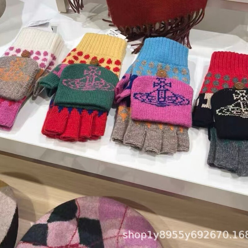 Export Japanese-Style Empress Saturn Warm Short-Finger Flip Cover Autumn and Winter Knitted Fingerless Women's Wool Gloves Wholesale