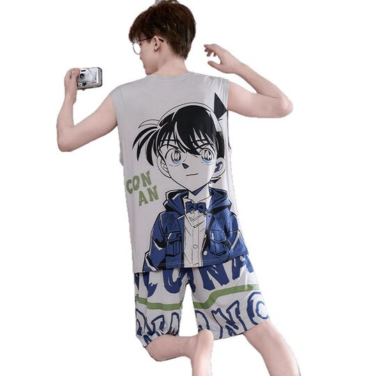 Men's Modal Pajamas Men's Summer Vest Ice Silk Thin Junior High School Students Children and Teenagers Home Clothing Set
