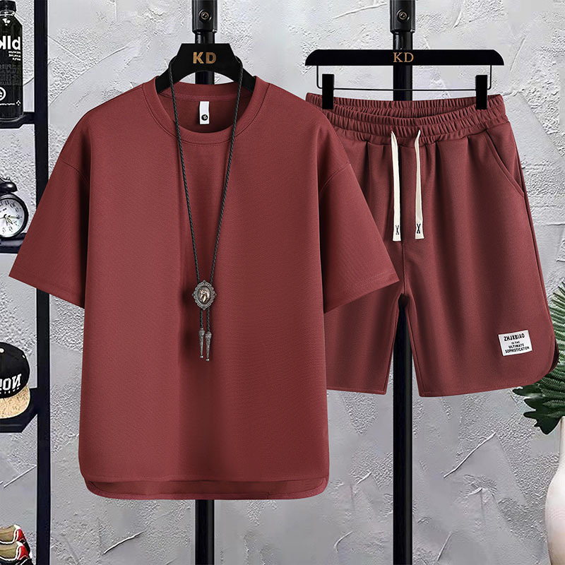 Traje de moda waffle para hombre camiseta de manga corta marca de moda verano nuevo traje de dos piezas de ocio deportivo de moda coreana suelta