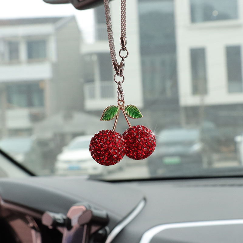 Qìchē Cherry Strawberry car interior rhinestone pendant (Car hanging) - red-cherry-car-pendant