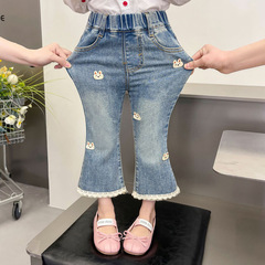 女の子ジーンズ春と秋 2025 新しい子供の秋スタイルベビーファッショナブルな弾性アウターベルボトムパンツ秋服
