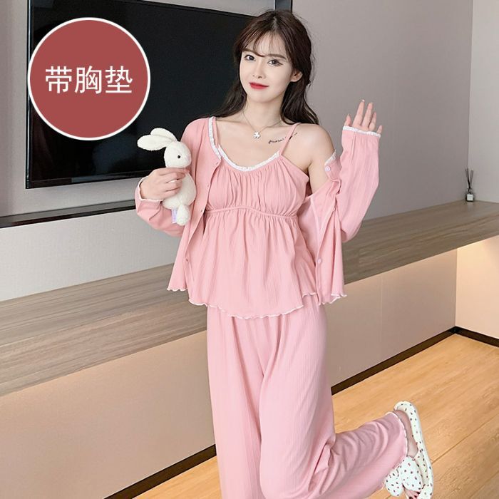 新款带胸垫三件套装睡衣女春秋季长袖网红甜美纯欲风家居服可外穿|undefined