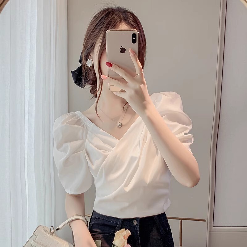 Puff Sleeve Chiffon Shirt for Women Summer 2025 New Design Street Cross Shirt V Neck Slim Short Top