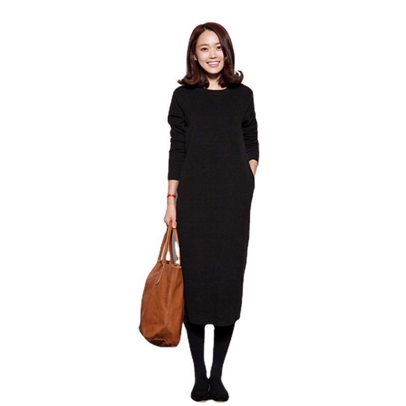 フリース付きワンピース 長袖 2025秋冬 ゆったりロングワンピース レディース ブラックニットセーター風ワンピース フェアリードレス 冬用ポケット付き