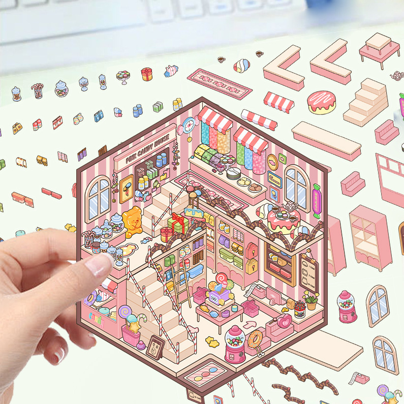漫画造園ステッカー、さまざまなミニチュア世界 3D キャビン、リトルレッドブック減圧 DIY シーンハンドブックステッカー卸売 PET|undefined