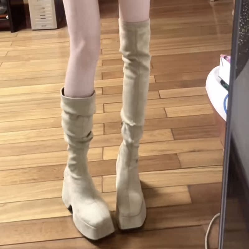显瘦显腿直!厚底粗跟弹力绒面高筒瘦瘦靴女超高跟过膝长靴骑士靴