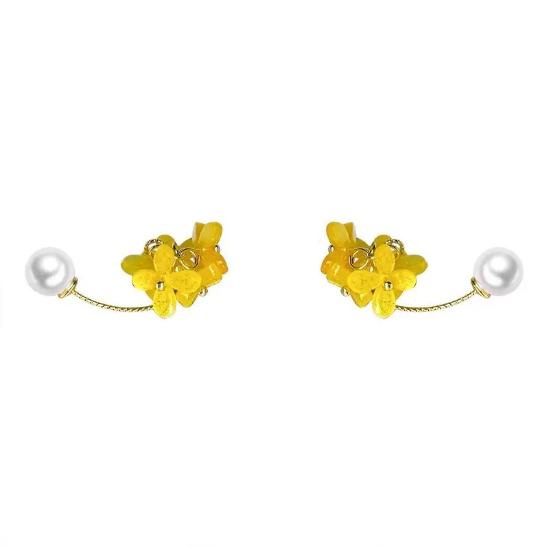 Pendientes de perlas de osmanthus amarillo súper hada Pendientes de temperamento fresco y dulce de verano para mujer