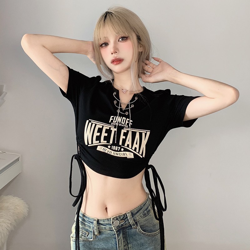 American-style Short-sleeved Printed Tight T-shirt Women's Chain V-neck Spice Girls Drawstring Strap Carat Waist Short Navel Dancing Top American-style Short-sleeved Printed Tight T-shirt Women's Chain V-neck Spice Girls Drawstring Strap Carat Waist Short Navel Dancing Top