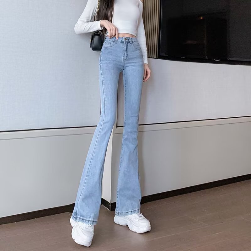 浅蓝色微喇牛仔裤子女2025年秋季新款高腰弹力显瘦喇叭裤马蹄裤子|undefined
