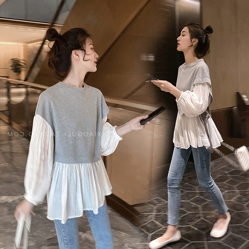 2026春服 長袖フェイクツーピース パッチワークランタンスリーブシャツ 大きいサイズ ゆったりお腹カバートップス マタニティ授乳服