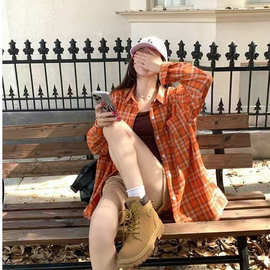 美式复古橙色格纹长袖衬衫女春秋小众设计感宽松休闲防晒情侣外套
