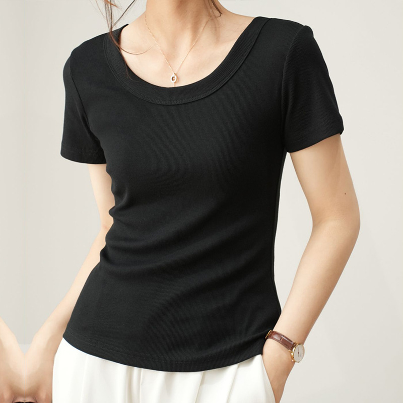 High-Elastic Fine Ribbed Cotton T-Shirt for Women, Short-Sleeved, 2026 Summer New Style, U-Neck, Casual and Stylish Base Shirt