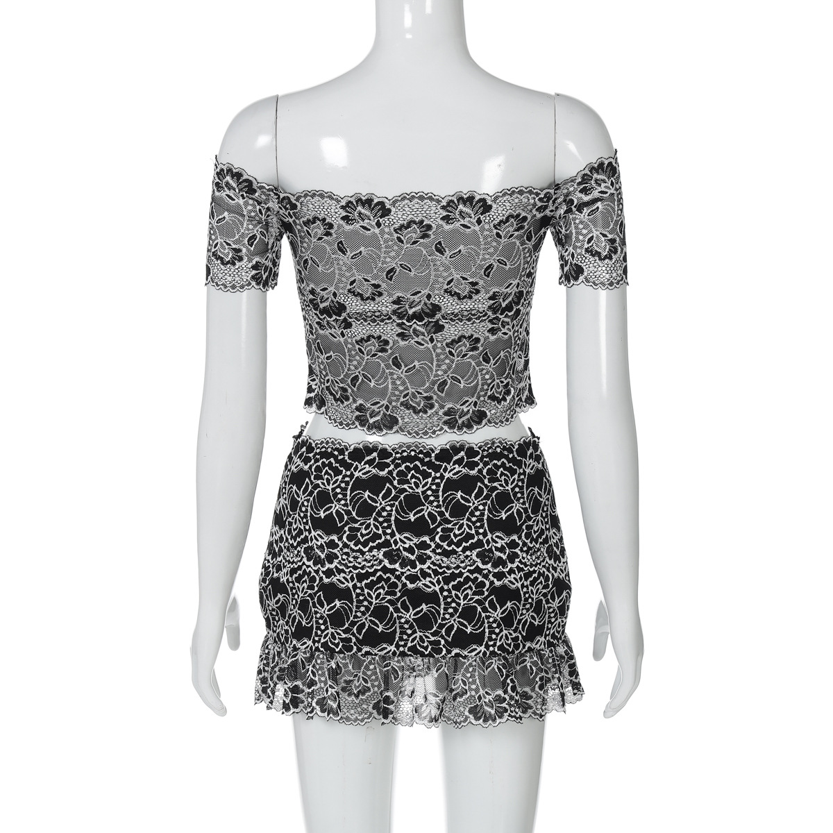 Arrival Sexy Sleeve Chest Wrapped Hollow Out Cutout Top Ultra Short Sheath Slim Fit Skirt Lace Women