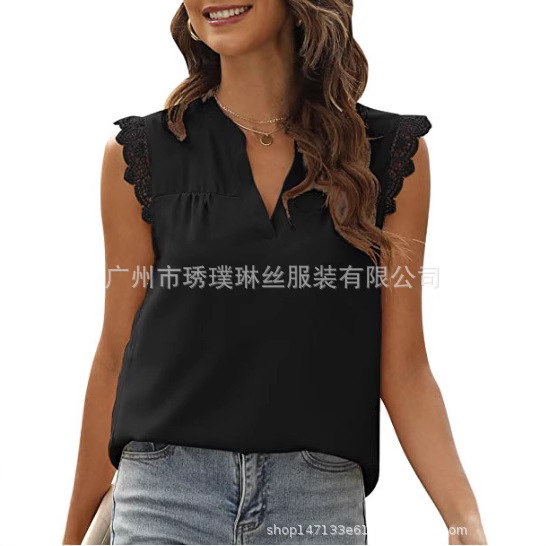 2024 Amazon European and American Export Women's Summer V Neck Sleeveless Shirt Casual Convex Lace Vest Top