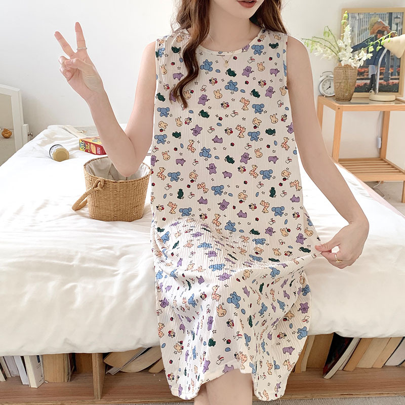 2024 algodón arrugado pijama de verano mujer sin mangas chaleco pijama fresco chaleco de flores vestido para el hogar