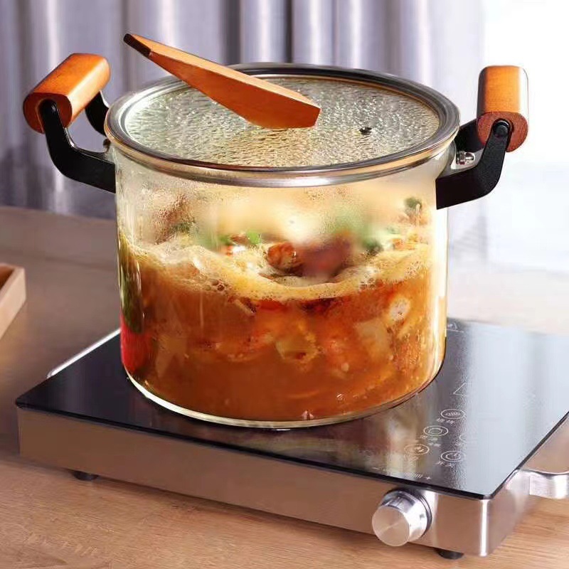 Olla de vidrio de doble oreja de gran capacidad con tapa al por mayor sopa de fideos instantáneos para el hogar olla de leche olla de cocina de vidrio de borosilicato