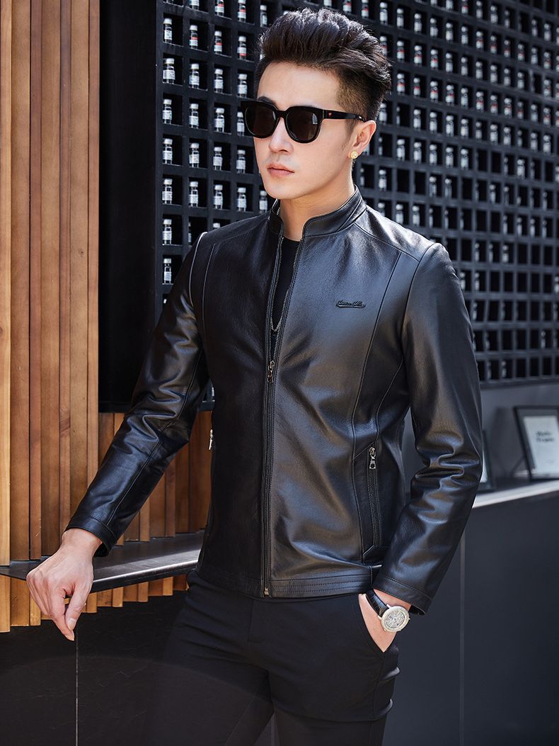 New Leather Men's Haining Leather Collar Layer Cowhide Autumn and Winter Middle-aged Business Casual Black Leather