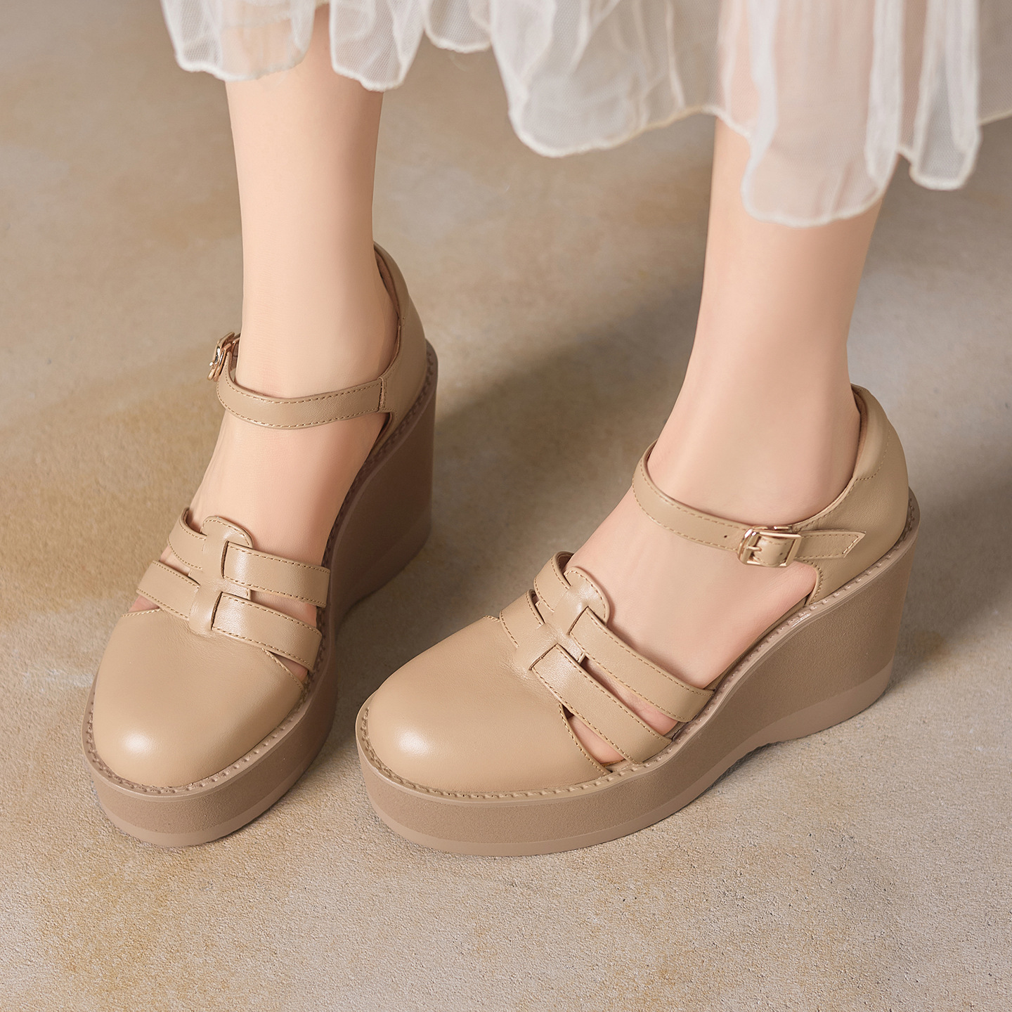 Sandal cao gót nữ đế dày 9,5 cm, mũi bít, dệt chéo, phong cách tổ chim — màu trắng ngà