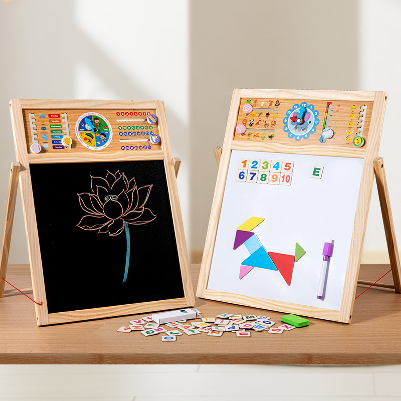Niños de madera multifuncional aprendizaje matemático cálculo dibujo alfabeto clima cognitivo juguetes de madera soporte de doble panel