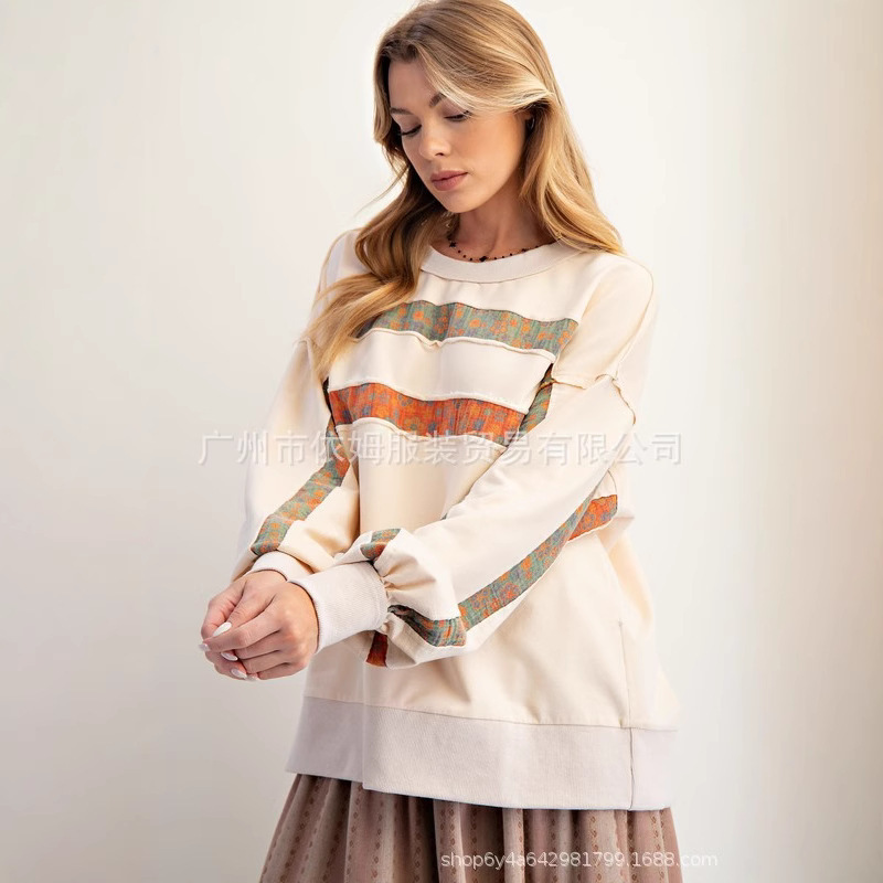 亚马逊25秋季新款跨境欧美女装印花拼接圆领套头卫衣休闲上衣女|undefined