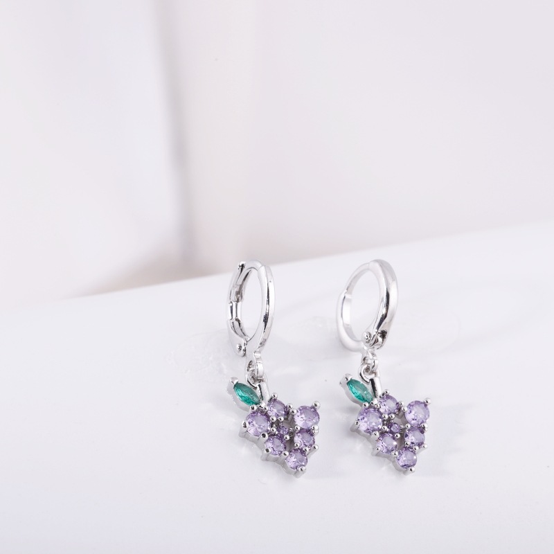 Fruit Earring Necklace Set Colorful CZ Zircon Earrings Grape Cherry Piercing Jewelry Gold detail image 11