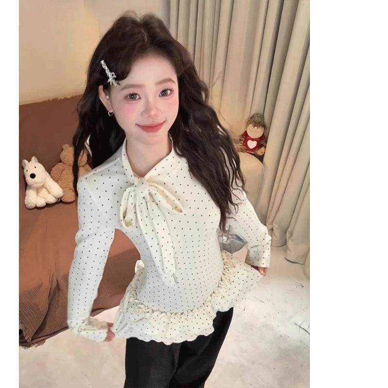 White Polka Dot Bowknot Half-Turtleneck T-Shirt for Autumn and Winter 2026, Designed as a Base Layer with Ruffled Edges and Slim Fit