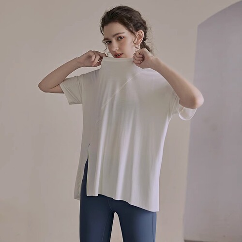 New summer sports tops for women, loose slit short-sleeved T-shirts, running fitness half-sleeved blouses, sexy yoga clothes