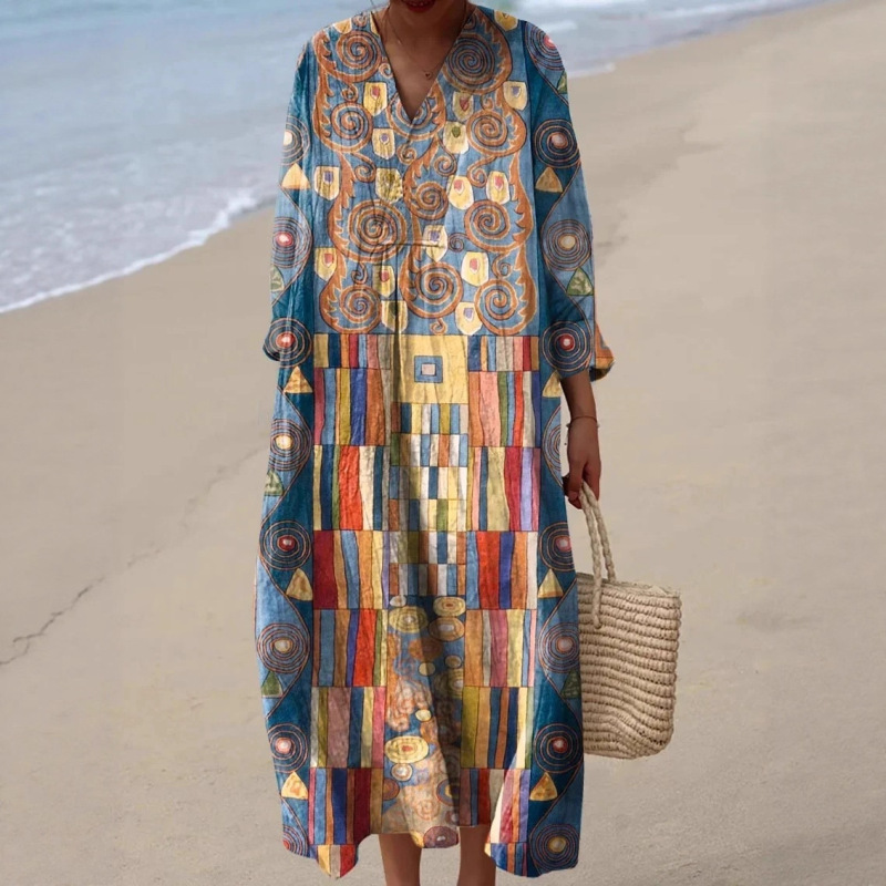 2025 Cross-Border Independent Site Amazon Long-Sleeve Shirt Dress for Women Casual Floral 3D Printed Long-Sleeve Dress