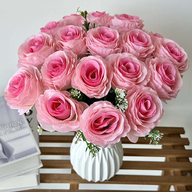 Meilong primavera color 18 rosas flor artificial boda escena fondo flor pared diseño flor fila camino plomo falso ramo de flores