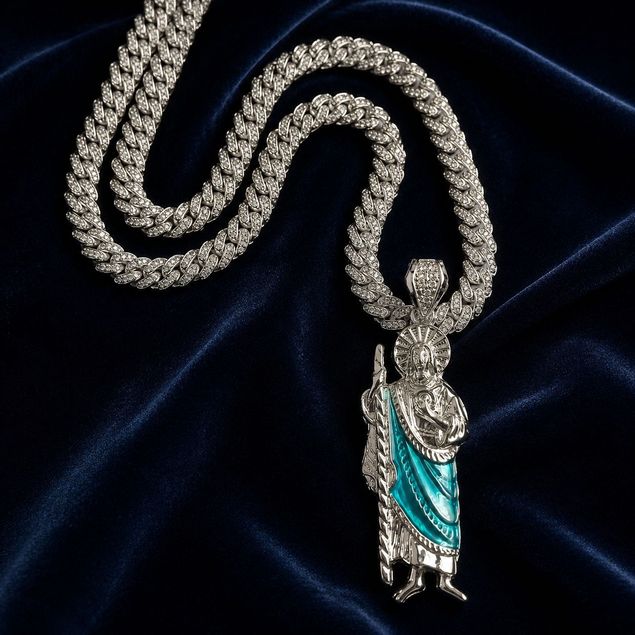 Colgante religioso de San Judas de aleación, estilo europeo y americano, con cadena cubana de 8 mm, collar hip-hop, estilo retro personalizado.