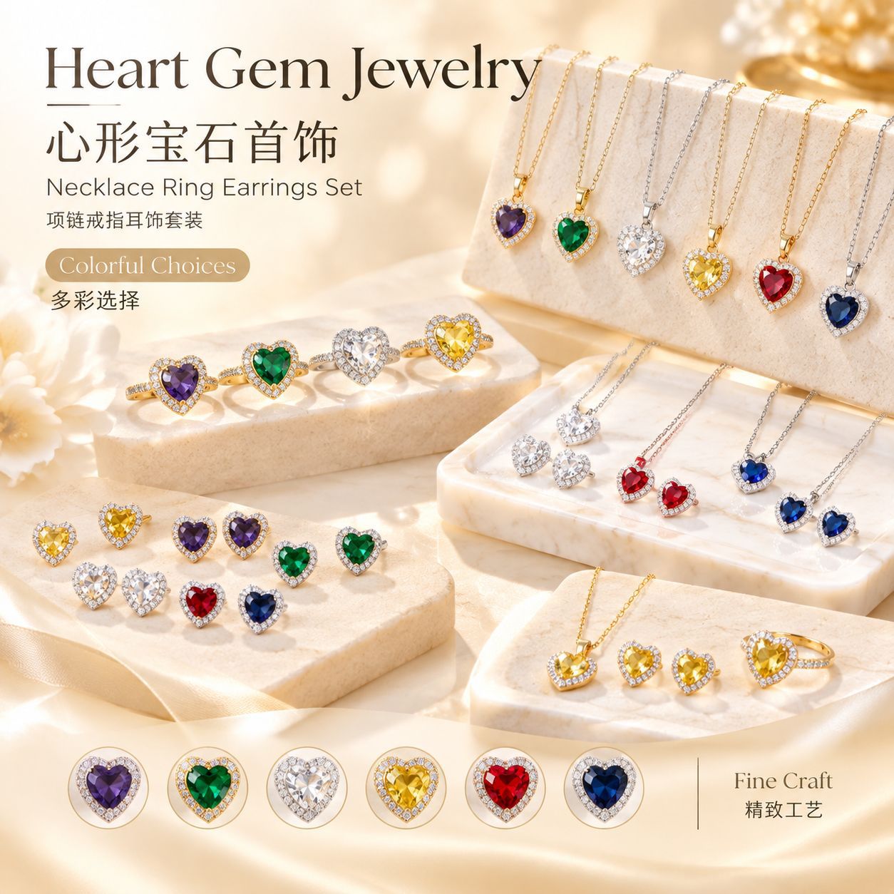 Cross-border colorful cubic zirconia heart-shaped jewelry set for women, including a silver-plated necklace, ring, and earrings – a three-piece set available in multiple colors, wholesale