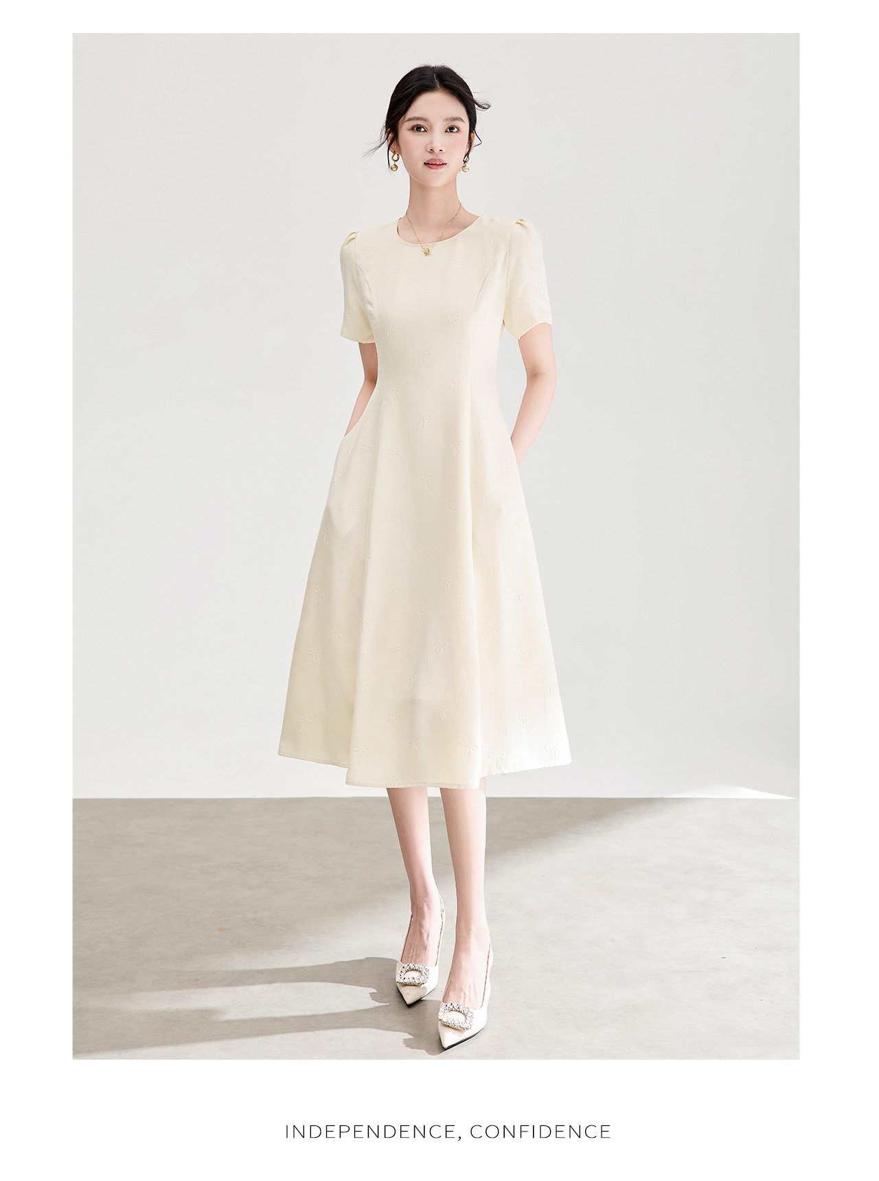 Đầm chữ A nữ cao eo họa tiết jacquard nơ — màu hồng chi tiết 18