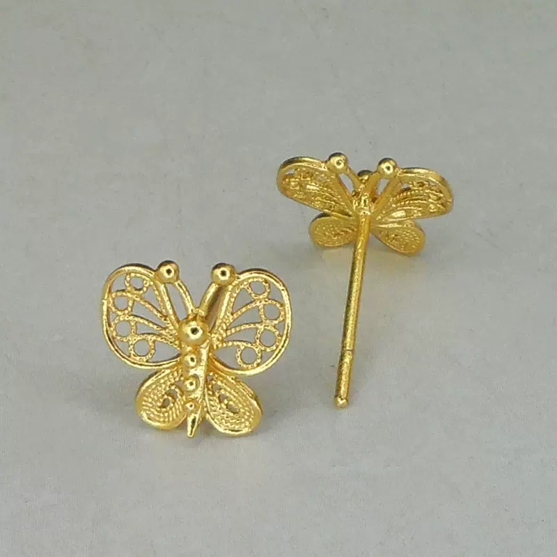 银秀黔城原创手工银饰批发足银999镀金耳钉蝴蝶汉服宫廷旗袍国风