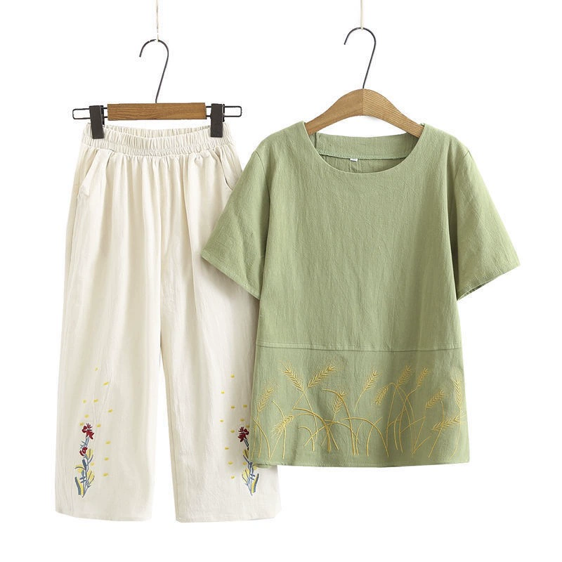 Мама летнее платье из хлопка и льна с короткими рукавами, свободная тонкая футболка для пожилых людей среднего и пожилого возраста, двухсекционный летний топ для бабушки