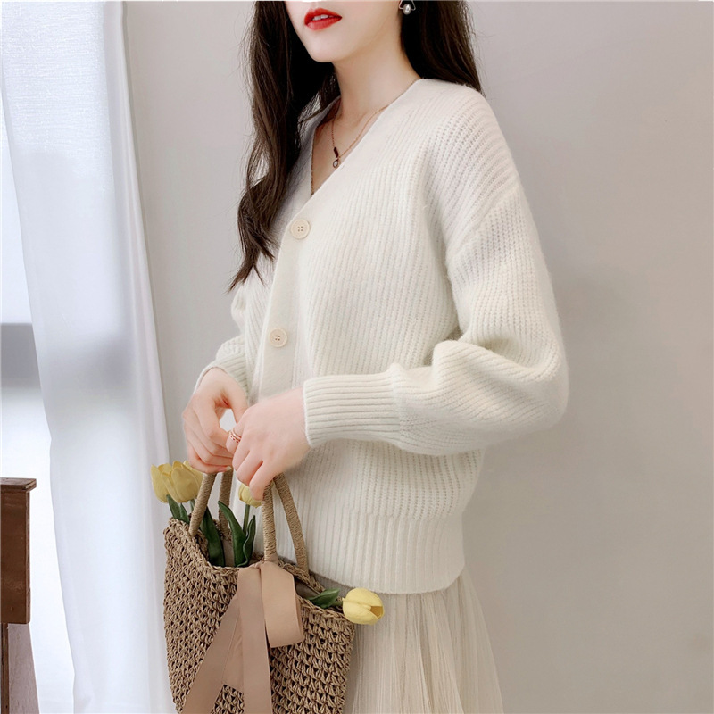 French V-Neck Candy Color Long Sleeve Cardigan Women's Loose Knit Sweater Coat Casual Elegant Outerwear_ecoleips.com