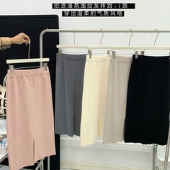 秋冬の女性用ニットスカート、ミドル丈、ハイウエスト、ヒップカバー、スリム、スリット入りワンステップスカート、小柄な人向けストレートスカート
