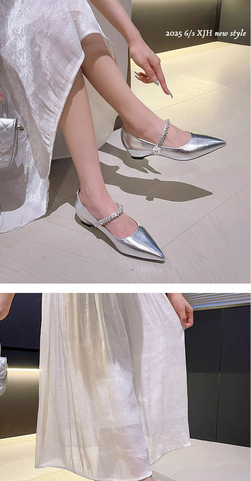 Giày cao gót nữ mũi nhọn quai ngang đính pha lê, đế xuồng độn cao bên trong, gót thấp dưới 3 cm — Màu bạc, Màu mơ, Màu vàng nhạt chi tiết 9