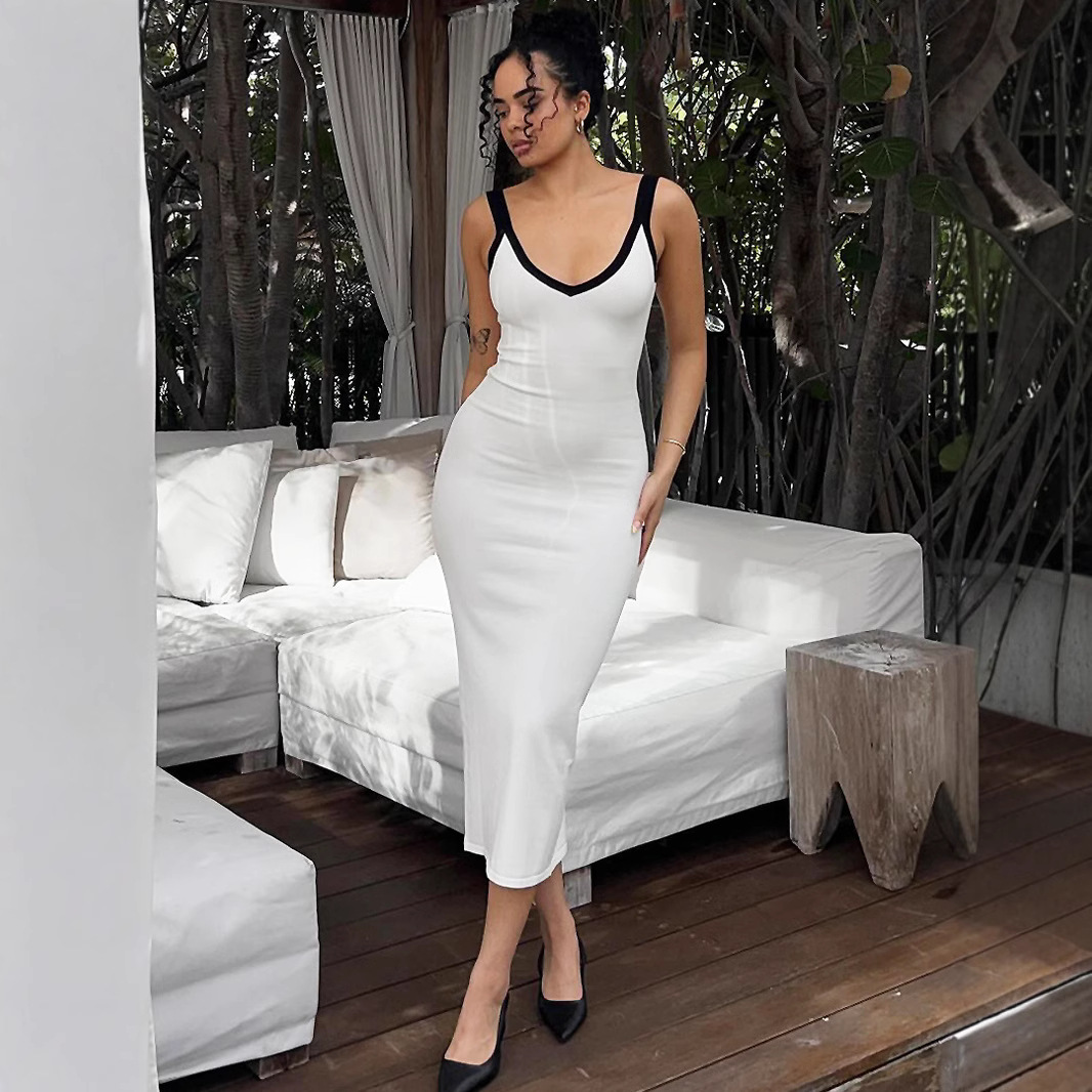Ropa de mujer de estilo europeo y americano, venta caliente transfronteriza de Amazon, nuevo color en contraste, temperamento sin espalda delgado, vestido de cadera, mujer image 4