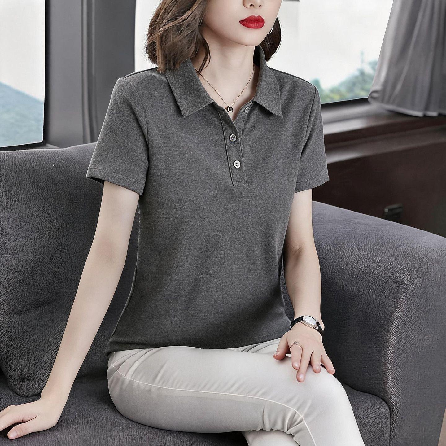 New summer design, short-sleeved T-shirt with off-shoulder style, Korean style, plus size, polo shirt, slimming and flattering.
