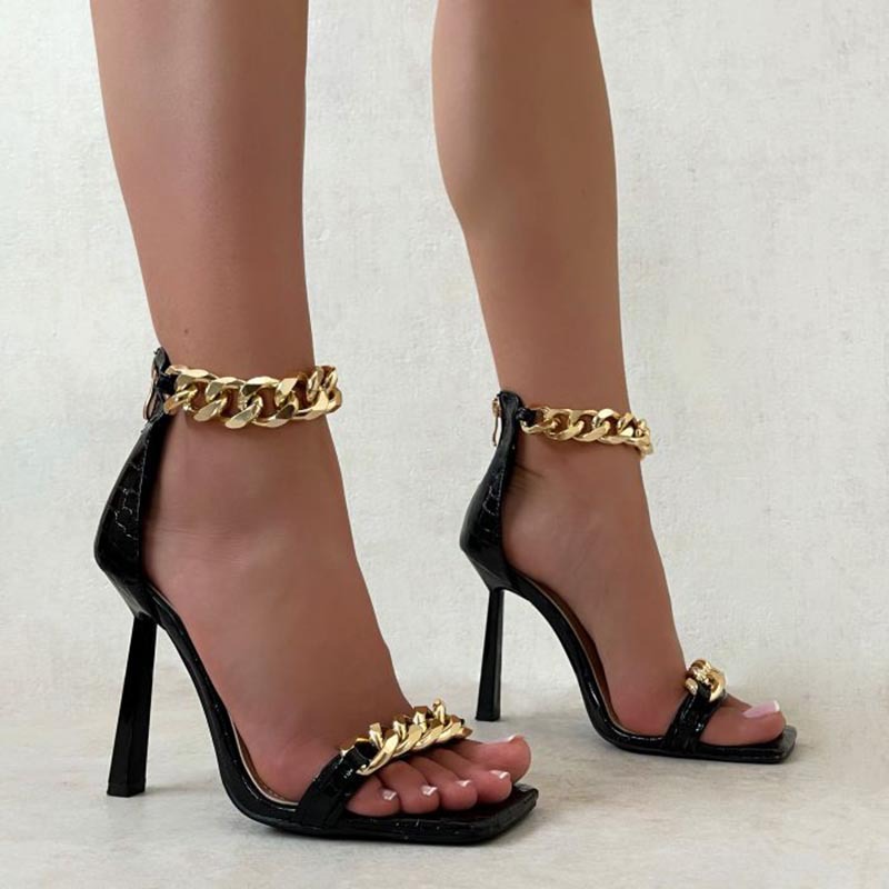 square toe pattern chain high-heeled sandals NSZLX117598